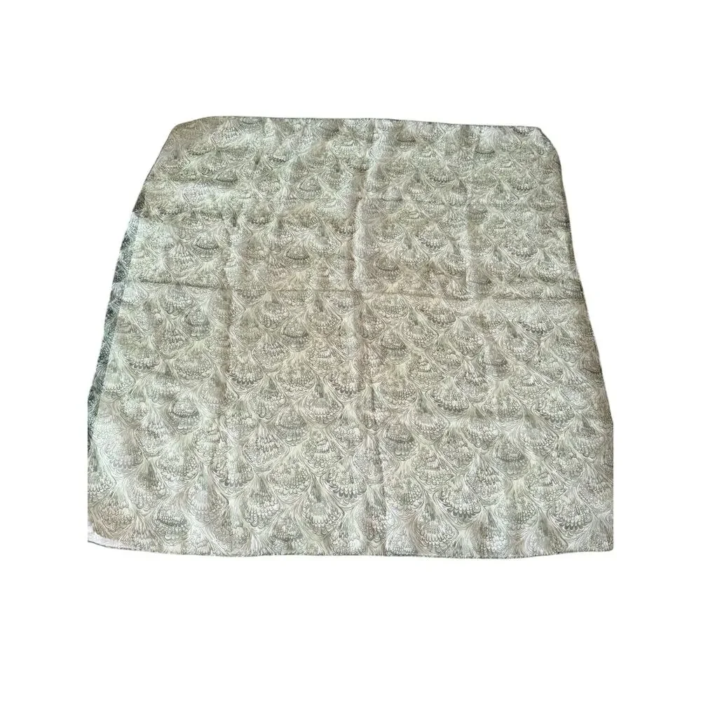 Sheer green vintage square scarf shells scrolls chiffon retro